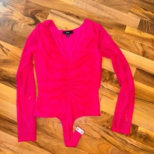 Lulus Ruched Mesh Bodysuit Deep V Neck Long Sleeve Hot Pink Sexy Top Small sheer